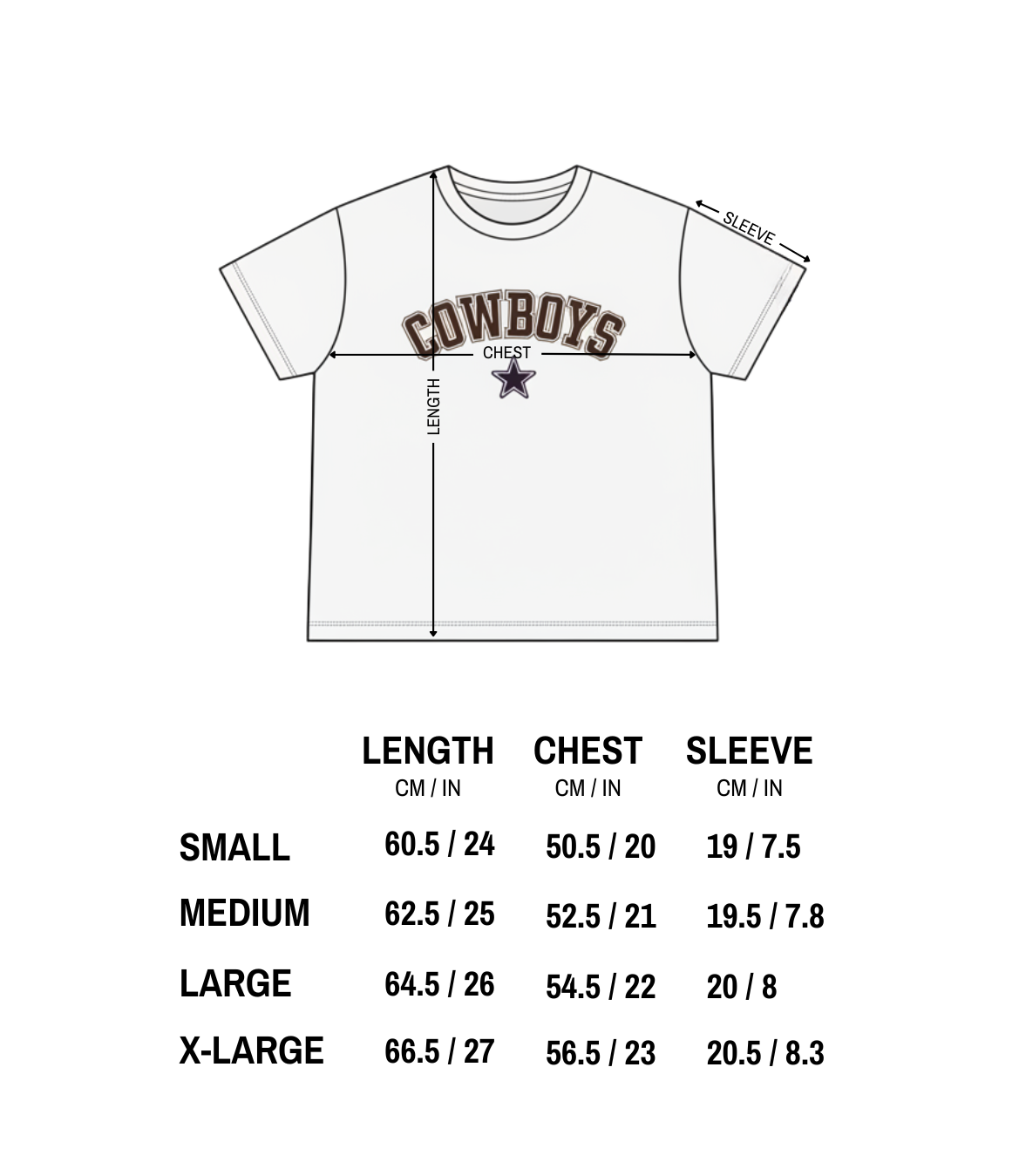 COWBOYS TEE size chart