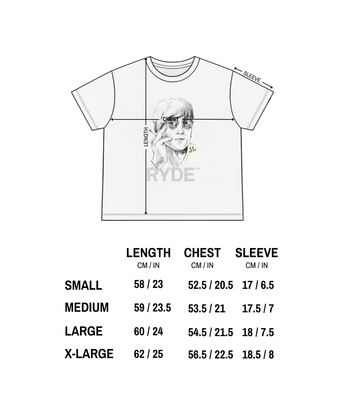 JL TRIBUTE TEE size chart