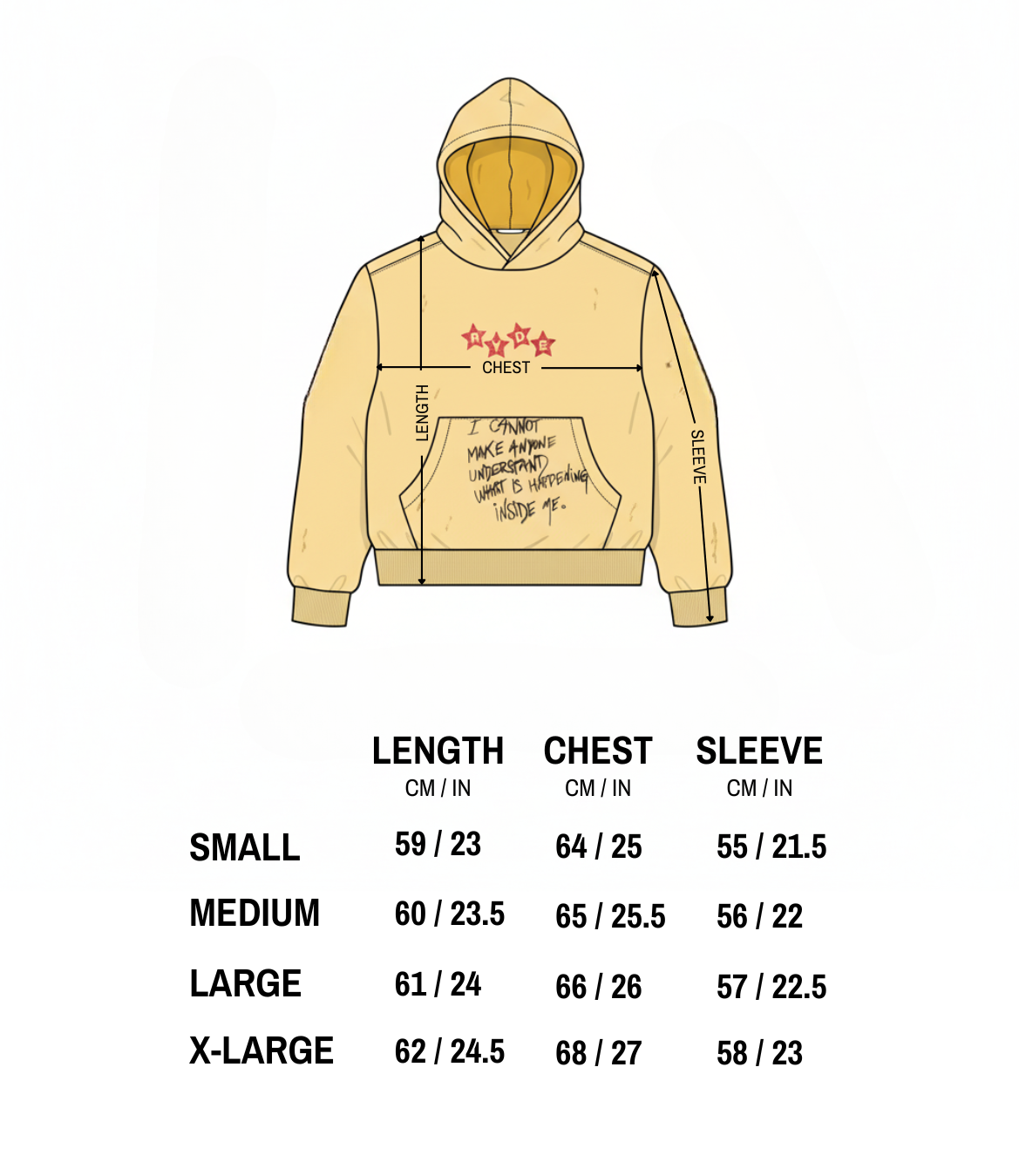 METAMORPHOSIS HOODIE size chart