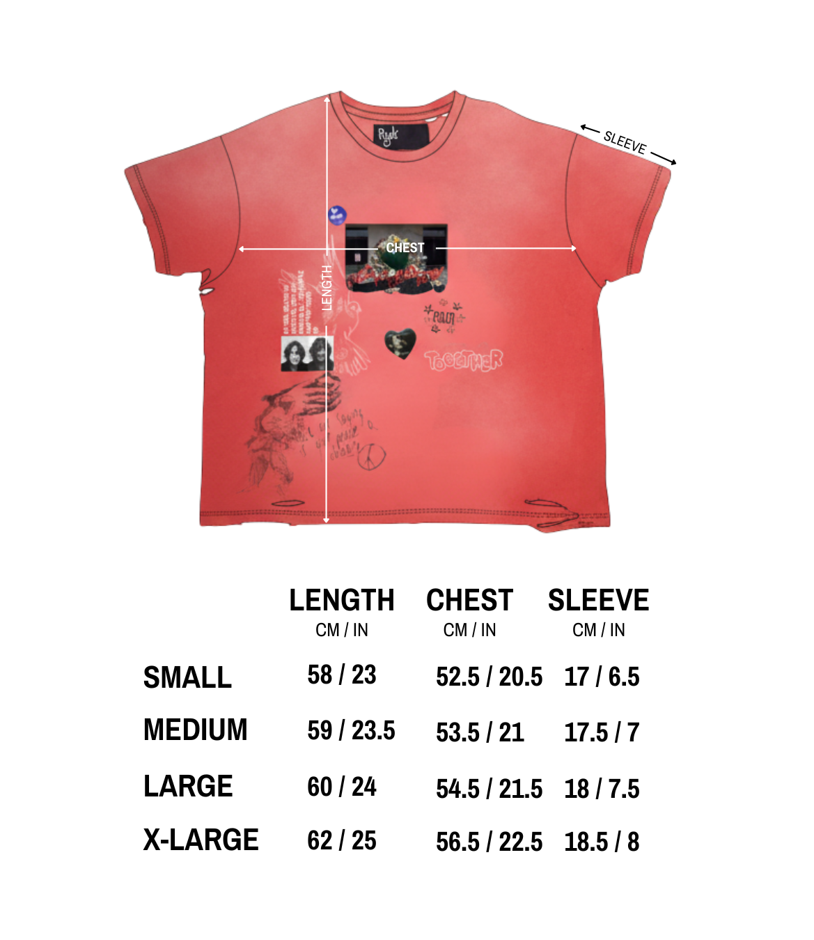 WAR IS OVER TEE size chart